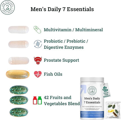 Daily 7 Essentials Men's Vitamin Pack - 7 Pack Adult Male Multivitamin & Multimineral Pack for Energy, Metabolism, Immune System Support, Prostate Support with Probiotic, Digestive Enzymes