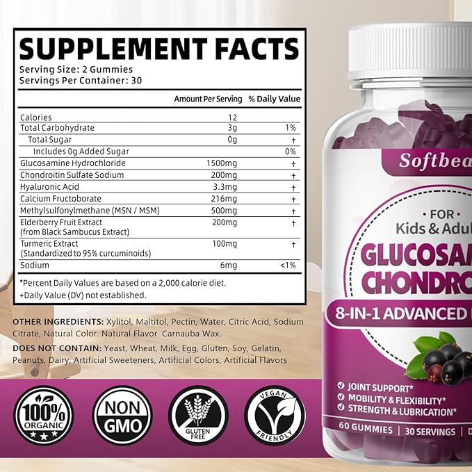 softbear Glucosamine Chondroitin Gummies, Sugar Free Glucosamine Chondroitin MSM with Elderberry Turmeric Supplement Support Joint Antioxidant, Elderberry Flavored 120 Count