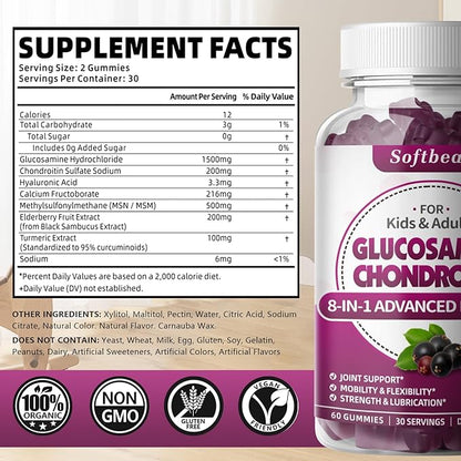 softbear Glucosamine Chondroitin Gummies, Sugar Free Glucosamine Chondroitin MSM with Elderberry Turmeric Supplement Support Joint Antioxidant, Elderberry Flavored 120 Count