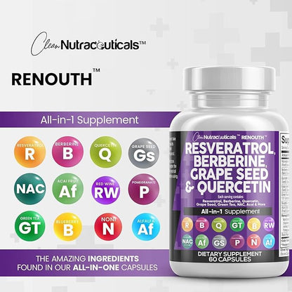 Clean Resveratrol Supplement | Berberine Grape Seed Extract Quercetin Green Tea Extract Acai Noni Polyphenol Supplement for Women & Men Anti Aging N-Acetyl Cysteine NAD Booster