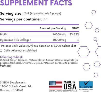 Sistem Extra Strength Liquid Biotin and Collagen Supplements, Hair, Skin and Nails Vitamins, Joint Support Supplement, Liquid Collagen for Women, Pineapple Flavor