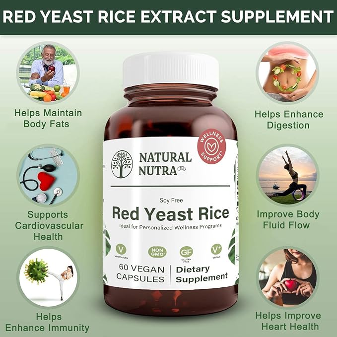 Natural Nutra Red Yeast Rice Extract, Cardiovascular Support, Helps Enhance Immunity, Improve Digestion, Improve Body Fluid Flow, Improve Heart Health, Gluten Free Supplements, 600 mg 60 Capsules