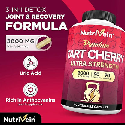 Nutrivein Premium Tart Cherry Capsules 3000mg: Ultra Strength Tart Cherry Extract Supplement for Post-Athletic Recovery, Detox, Rest, & Mobility