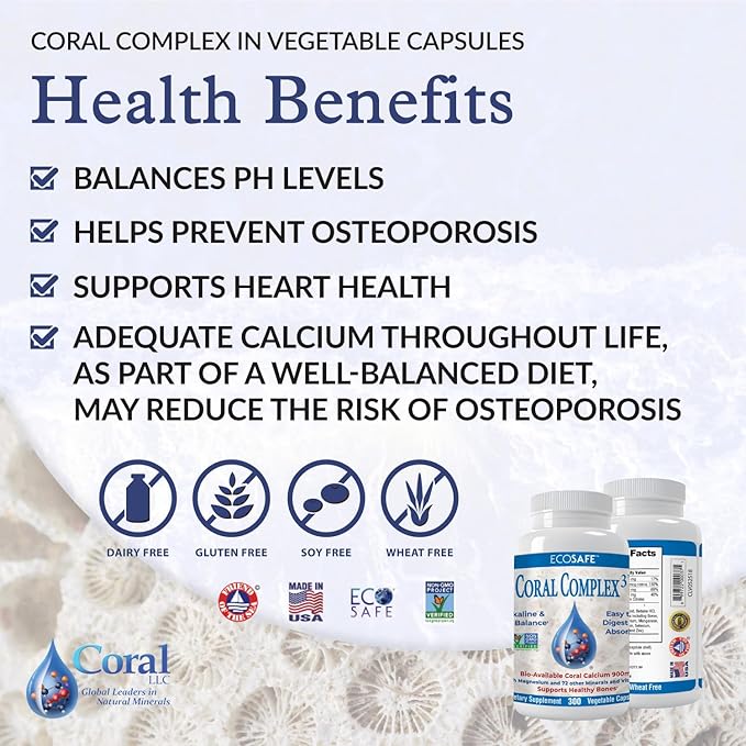 Coral Complex 3 - Coral Calcium 900 mg with Vitamin D3 1200 IU and Magnesium168 mg - 300 Vegetarian Capsules