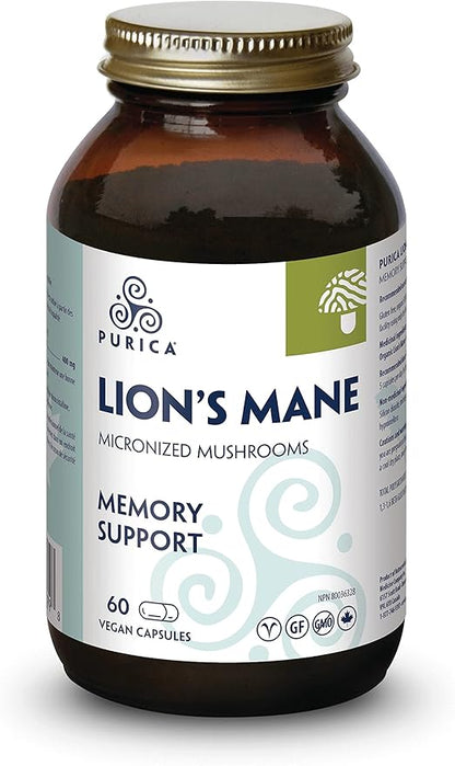 PURICA - Lion's Mane Micronized Mushrooms, 60 Vegan Capsules - Promotes Cognitive Health - Focus and Memory Support