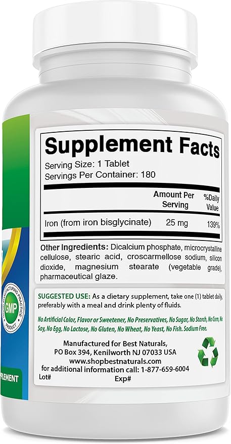 Best Naturals Iron Supplement (Iron Bisglycinate) - 25mg - 180 Tablets - Gentle of Stomach - Non-Constipating