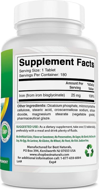 Best Naturals Iron Supplement (Iron Bisglycinate) - 25mg - 180 Tablets - Gentle of Stomach - Non-Constipating