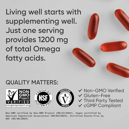 Sports Research® Vegan Omega 3-6-7-9 - 1200 mg of Multi-Spectrum Omega Fatty Acids Certified Non-GMO Formula with Sea Buckthorn & Borage Oil - 90 Veggie Softgels