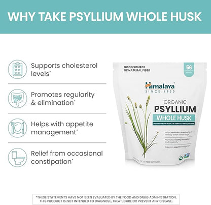 Himalaya Organic Psyllium Whole Husk, Natural Daily Fiber Supplement, Regularity, Appetite Management, USDA Certified Organic, Non-GMO, 56-Tablespoon Supply, Unflavored, 12 Oz