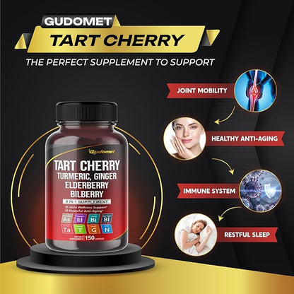 Tart Cherry Turmeric Ginger Stinging Ashwagandha Elderberry Bilberry Black Pepper -150 Capsules- Made in USA