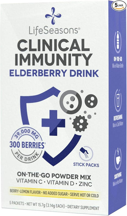 LifeSeasons Clinical Immunity - Elderberry Drink Mix - Protects & Fights for Healthy Immune Response - Immunity Booster - 3X Better Than Vitamin C - Serve Hot or Cold - Vitamin C + D + Zinc - (5 Pack)