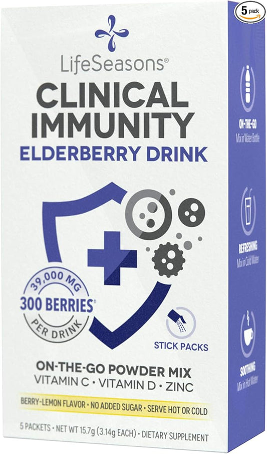 LifeSeasons Clinical Immunity - Elderberry Drink Mix - Protects & Fights for Healthy Immune Response - Immunity Booster - 3X Better Than Vitamin C - Serve Hot or Cold - Vitamin C + D + Zinc - (5 Pack)