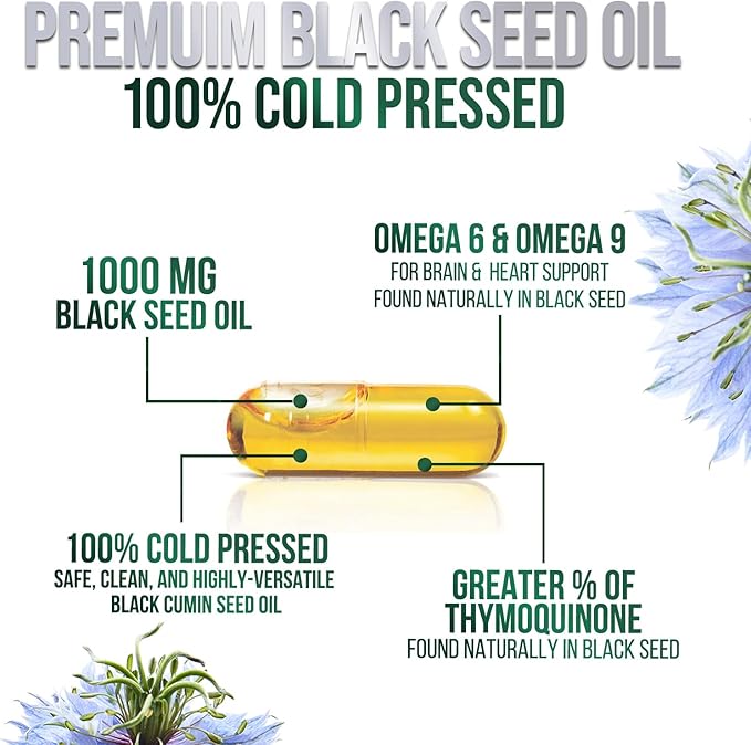 Black Seed Oil Softgels 1000mg - Premium Nigella Sativa Blackseed, Pure Natural Black Cumin Seed Oil & Antioxidant for Skin & Immune Support - Non GMO, Bottled in USA Supplement - 120 Softgels