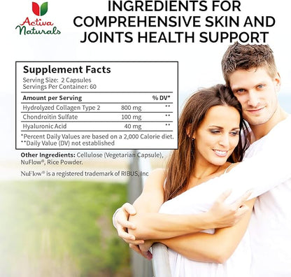 Collagen Type 2 Hydrolyzed Supplement with Chondroitin and Hyaluronic, for Healthy Hair, Skin, Nails, and Joints, No Fillers, Additives, and No Artificial Colors - 120 Vegetarian Capsules