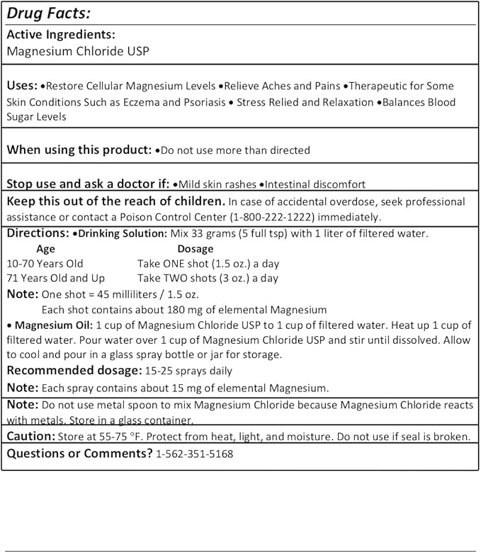 Greenway Biotech Organic Magnesium Chloride USP Supplement 100% Edible Cloruro de Magnesio Comestible Powder (Pharmaceutical Grade) | Pure Ph. EUR., BP, USP | 1 Pound