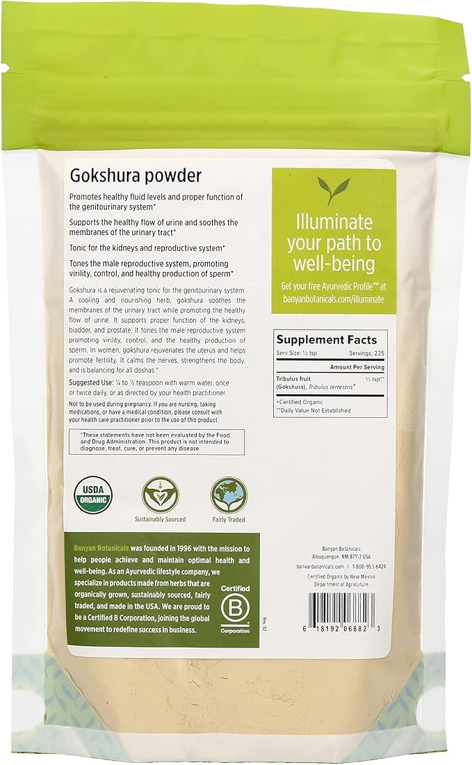 Banyan Botanicals Gokshura Powder– Organic Tribulus Terrestris Fruit – Rejuvenating Tonic for Kidney & Adrenal Health, Stress, and Male Vitality* – ½lb. – Non-GMO Fair for Life Fair Trade Certified