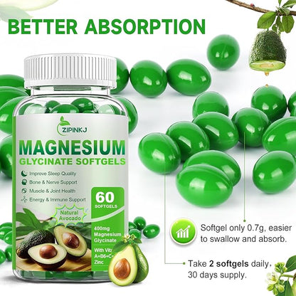 Magnesium Glycinate 400mg, High Absorption Magnesium Supplements Softgels with Vitamin E, B6, Zinc for Sleep, Calm, Muscle Relaxation & Bone Health, Gluten-Free, Non-GMO, 60 softgels
