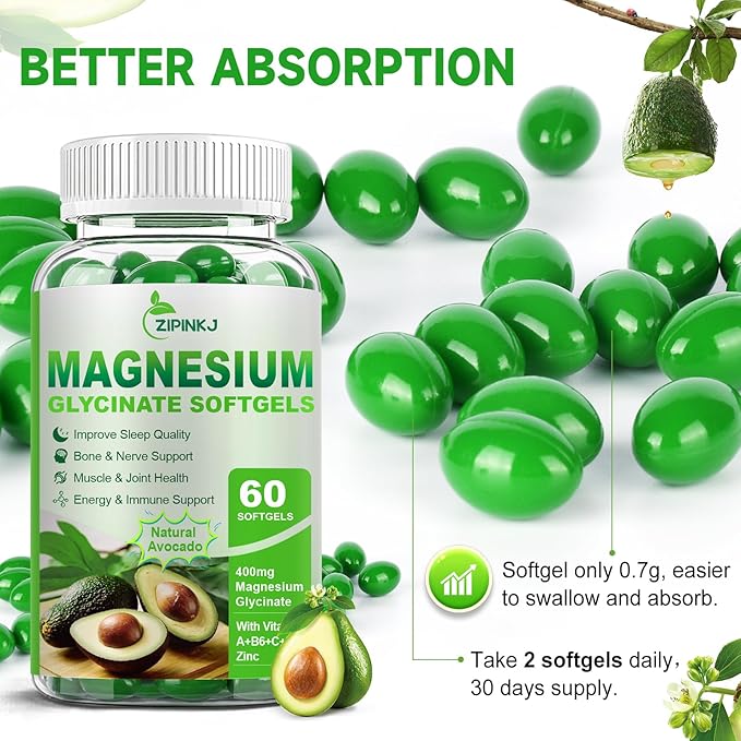 High Absorption Magnesium Glycinate Softgels, Magnesium Supplements 400mg with Zinc, Vitamin E, B6 for Women Men, Improve Sleep, Muscle Relaxation & Bone Health, Gluten-Free, Non-GMO, 2 Pack