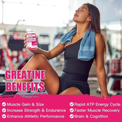 Creatine Monohydrate Gummies 5000mg for Men & Women, Chewables Creatine Monohydrate for Muscle Strength, Muscle Builder, Energy Boost, Pre-Workout Supplement(90 Count)-Strawberries