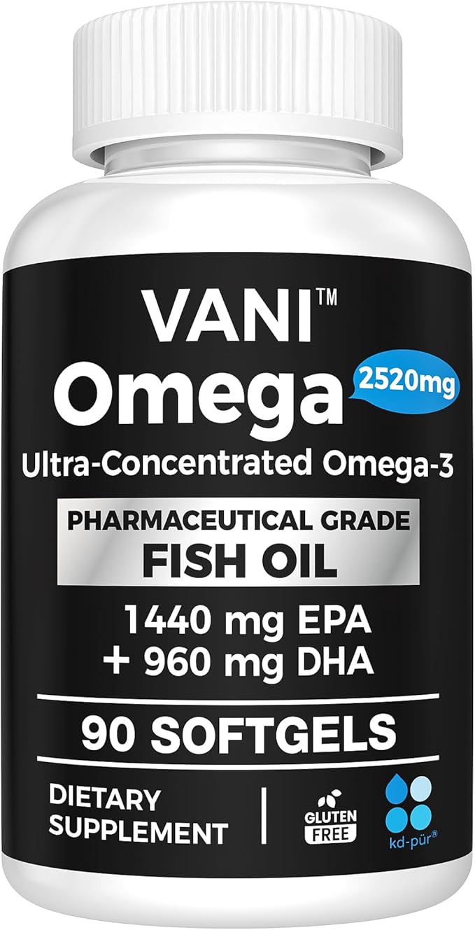 VANI Omega 3 Fish Oil - Pharmaceutical Grade - 2520mg with EPA & DHA, Made in USA with Premium Germany Fish Oil KD-PÜR® - 90 Softgels