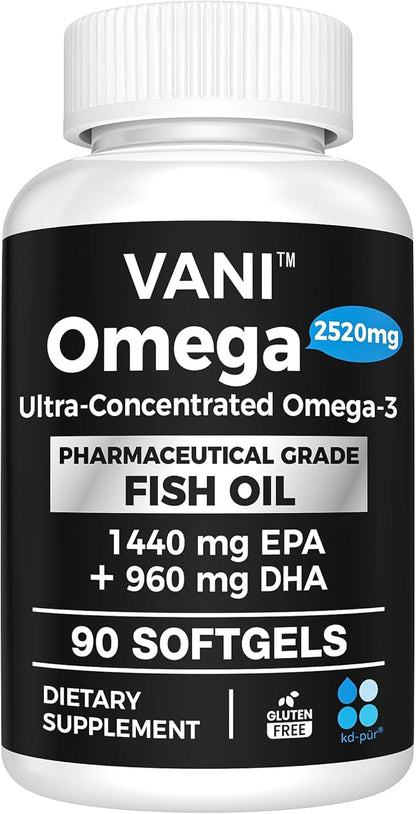 VANI Omega 3 Fish Oil - Pharmaceutical Grade - 2520mg with EPA & DHA, Made in USA with Premium Germany Fish Oil KD-PÜR® - 90 Softgels