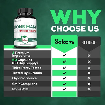Lions Mane with Ginkgo Biloba Supplement - 60 Capsules - Extra Strength for Restful Mind, Brain Health, Immune System & Focus - Gluten-Free, Non-GMO