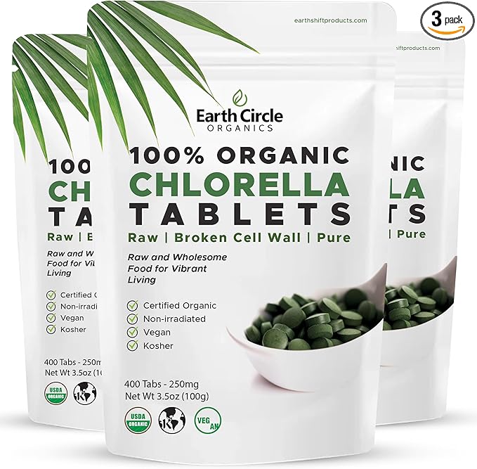 Organic Chlorella Tablets 400 Count | High Potency Superfood | Chlorophyll Pills from 100% Pure Green Algae | Broken Cell Wall for Maximum Absorption | Vegan, Kosher, Non-GMO | 4 Tabs per Day (3-Pack)