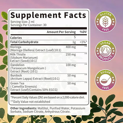 Moringa Milk Thistle Liquid Drops - Liver Health, Immune Support, Antioxidant Blend with Burdock, Green Tea & Dandelion - Moringa Capsules Alternative - Vegan, Natural Flavor,2 Fl Oz