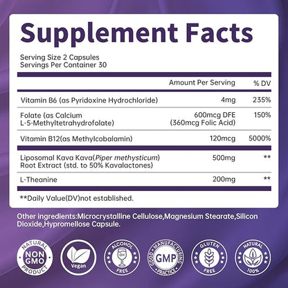 Kava Kava Root Extract Supplement - Liposomal Kava Capsules with L Theanine 200mg, 50% Kavalactones, Relax Calming Kava Extract, Vitamin B6, B12 - for Sleep, Mood, Cognitive & Immune Support, 60CT