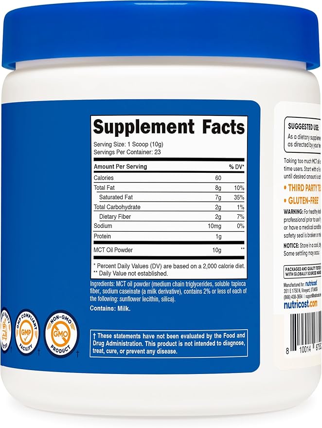 Nutricost Premium MCT Oil Powder .5LBS - Best For Keto, Ketosis, and Ketogenic Diets - Zero Net Carbs, Non-GMO and Gluten Free