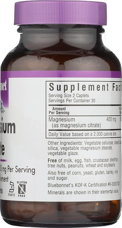 Bluebonnet Nutrition Magnesium Citrate (400mg of Magnesium)- Maximum Absorption - Supports Immune Health & Energy Production - Soyfree, Gluten-Free, Non-GMO, Kosher, Dairy Free, Vegan, 60 Caplets