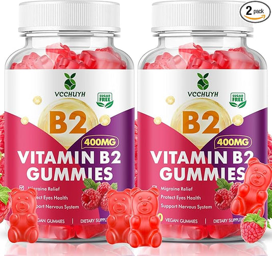 Vitamin B2 Gummies for Kids & Adults, VIT B2 Riboflavin 400mg Supplement with Magnesium for Migraine Relief & Nervous System Support, Non-GMO, Vegan, Raspberry Flavor 120 Count