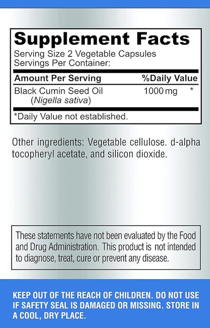 Cold Pressed Black Seed Oil - 120 Capsules, Premium Nigella Sativa Pure Black Cumin Seed Oil with Vitamin E, for Hair, Skin & Immune Health - Non-GMO 120 Capsules