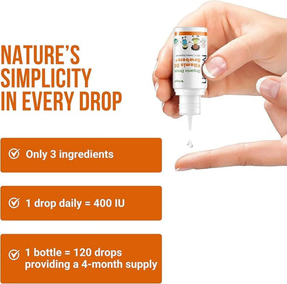 Organic Vegan 400IU, Vitamin D3, 120 Drops – Baby Drop for Infants & Toddlers | USDA Organic, Non-GMO, Plant-Based, No Additives or Preservatives, All Natural, Made in UK