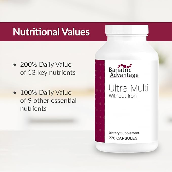 Bariatric Advantage Ultra Multi Without Iron - High Potency Multivitamin - for Surgery Patients with Calcium, Vitamin C & More - 270 Capsules