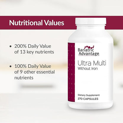 Bariatric Advantage Ultra Multi Without Iron - High Potency Multivitamin - for Surgery Patients with Calcium, Vitamin C & More - 270 Capsules