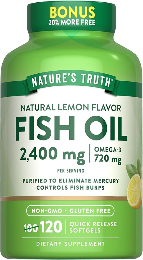Nature's Truth Fish Oil 2400mg | 120 Quick Release Softgels | 720 mg Omega 3 | Burpless Lemon Flavor Pills | Non-GMO & Gluten Free Supplement