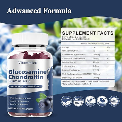 Glucosamine Chondroitin Gummies with MSM & Elderberry Extra Strength - Joint Support, Antioxidant Immune Support Supplement for Adults, Men & Women - 60 Blueberry Gummies