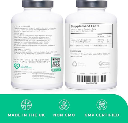 Magnesium Glycinate (Bisglycinate) | Chelated Magnesium Supplements | 2750mg (303mg Magnesium) | 240 Capsules / 60 Servings | Highly Bioavailable | Made in UK - GMP Certified | Love Life Supplements