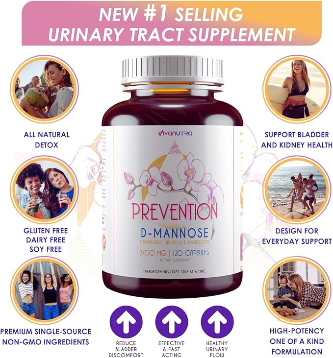 D Mannose Capsules 2000 MG Per Day - With Cranberry Pills for Urinary Tract Infection - Fast-Acting Pills For Bladder Health, UTI, Flush Impurities, d-mannose 4-in-1 Formula for men and women 120CT