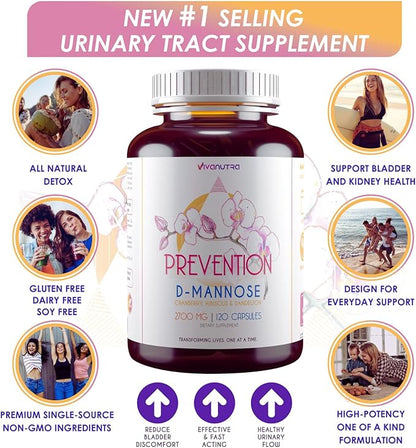 D Mannose Capsules 2000 MG Per Day - With Cranberry Pills for Urinary Tract Infection - Fast-Acting Pills For Bladder Health, UTI, Flush Impurities, d-mannose 4-in-1 Formula for men and women 120CT