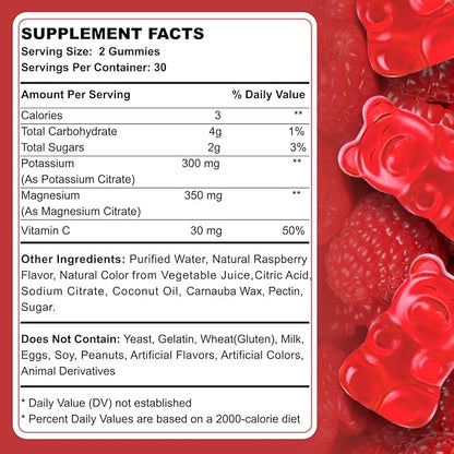 Potassium Magnesium Gummies for Adult Kids High Absorption Leg Cramps & Muscle Health Immune Health Raspberry Magnesium Gummies Chewable Gummy Supplement Vegan Non-GMO