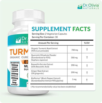 Dr. Olivia's Organic Turmeric Complex with Curcumin Boswellia Ginger & BioPerine - 60 Capsules