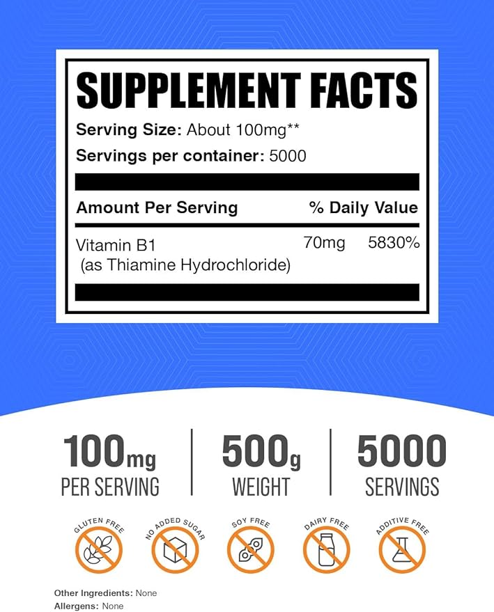 BulkSupplements Thiamine HCl Powder - Thiamine Hydrochloride, B1 Vitamins, Thiamine B1 Supplement, Thiamine 100mg - Gluten Free, 100mg per Serving, 500g (1.1 lbs) (Pack of 1)