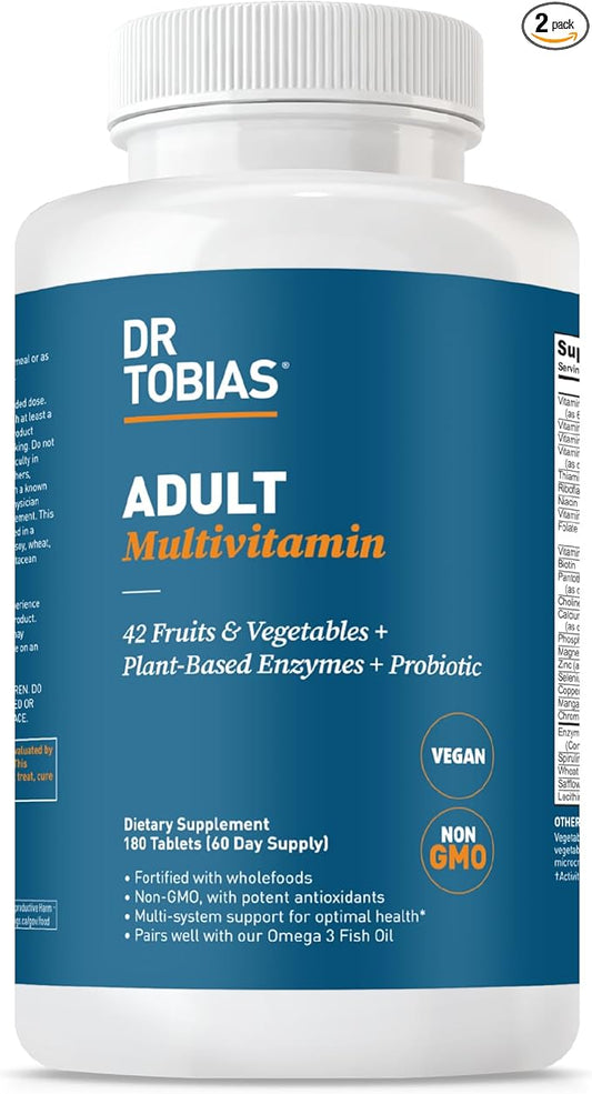 Dr. Tobias Adult Multivitamin for Women & Men, Immune Supporting Vitamins from 42 Fruits, Vegetables, Plus Probiotics, Vegan Multivitamins for Men & Women, Non-GMO, 180 Tablets, 60 Servings