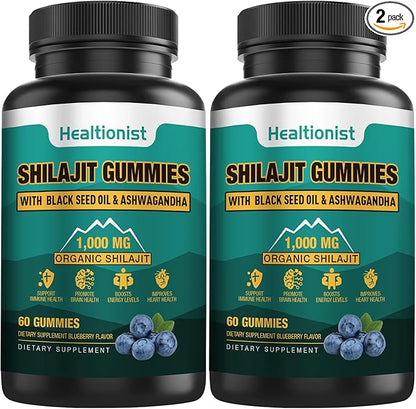 2 Packs 1000 MG Shilajit Supplement Gummies with 85+ Trace Minerals, Fulvic Acid, Pure Organic Shilajit Himalayan Gummy for Men & Women, Energy, Brain, Immunity Suport - 120 Counts