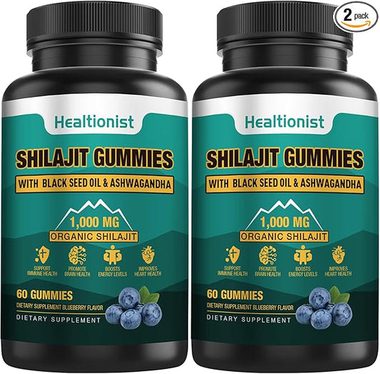 2 Packs 1000 MG Shilajit Supplement Gummies with 85+ Trace Minerals, Fulvic Acid, Pure Organic Shilajit Himalayan Gummy for Men & Women, Energy, Brain, Immunity Suport - 120 Counts