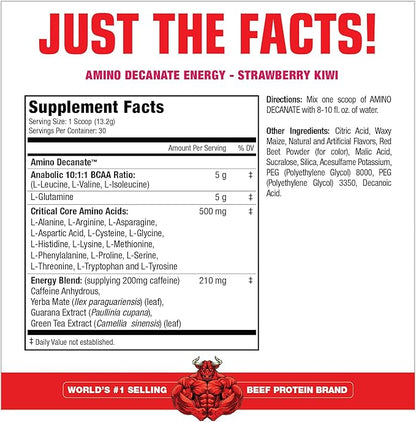 MuscleMeds Amino DECANATE Energy, Pre, Intra Workout Drink, Essential Amino Acids, BCAAs, High Leucine, Glutamine, Muscle Recovery, Strawberry Kiwi, 30 Servings