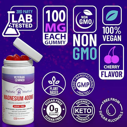 Magnesium Citrate Gummies - Sugar-Free, Vegan and Non-GMO for Better Sleep and Relaxation - No Sugar Alcohol - Magnesium Supplement for Adults, Teens and Kids - Cherry - 120 Chews