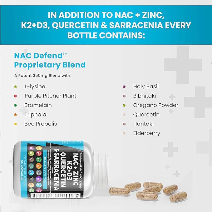 Clean Nutraceuticals NAC Supplement N-Acetyl Cysteine Vitamin D3 K2 Zinc Quercetin Sarracenia Purpurea with Elderberry Holy Basil Bee Propolis Bromelain L-Lysine (2)